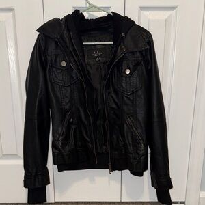 Black Hooded Faux Leather Jacket